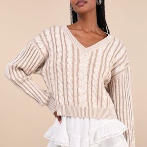 Lulus Tan & Ivory Heathered Cable Knit V-neck Sweater